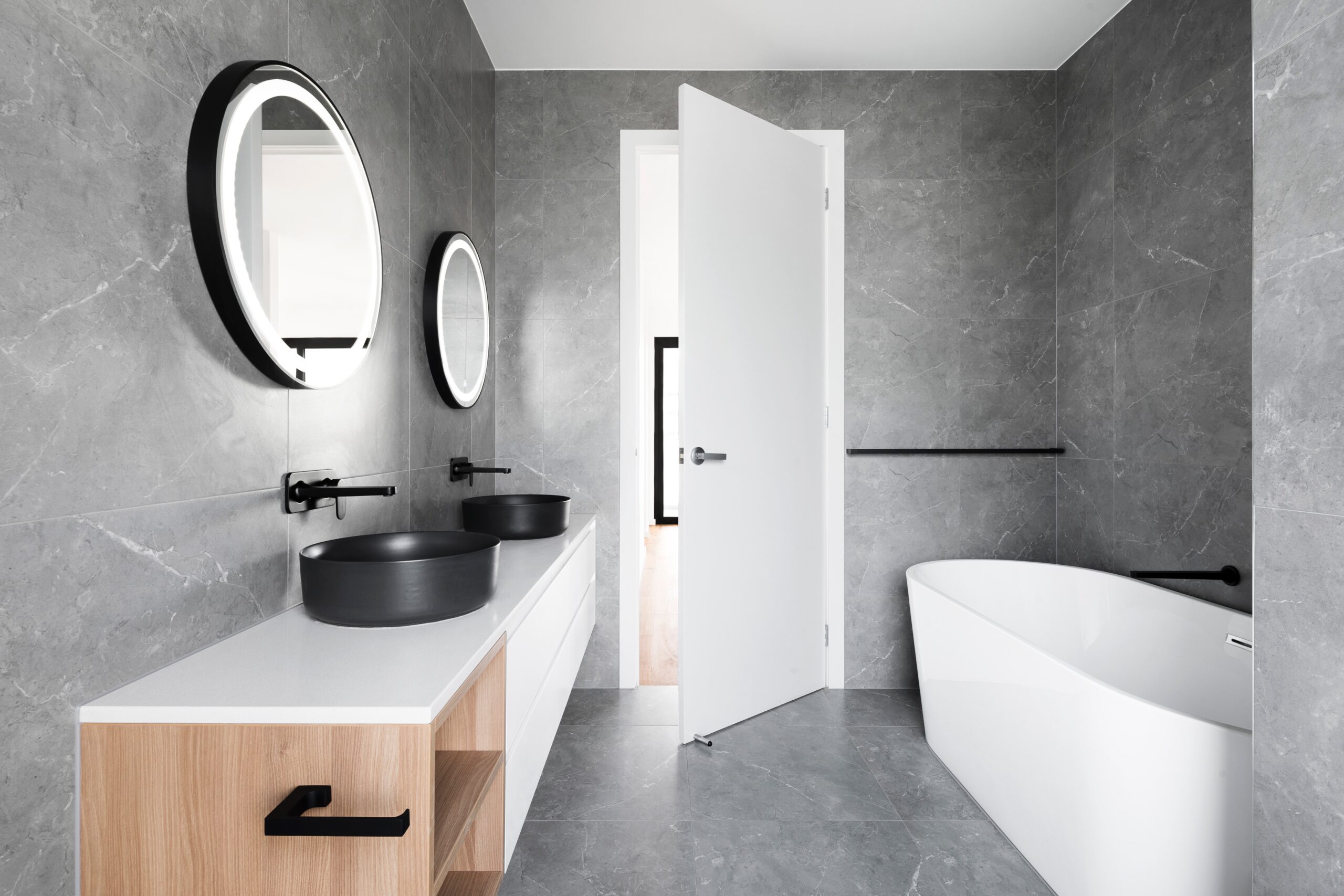 Contemporary Grey White Black Wood Bathroom